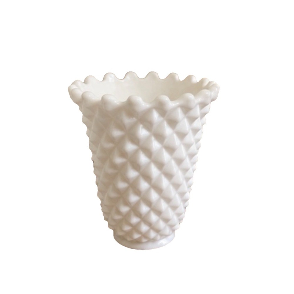 Vintage Imperial White Milk Glass Vase -Diamond Point 5" Ruffled Rim MCM